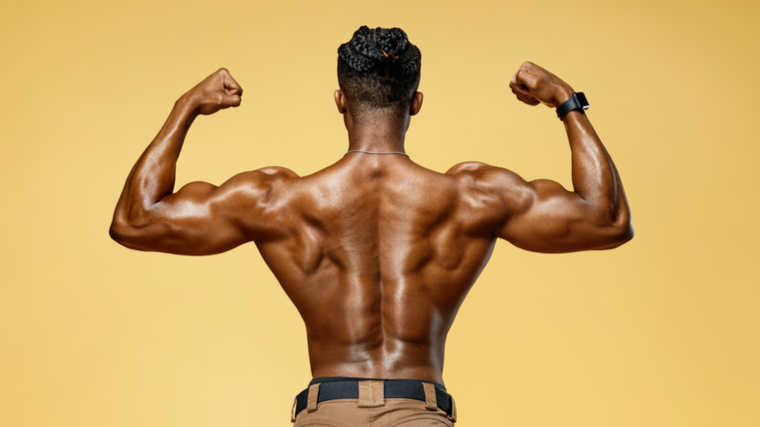 Muscular man flexing back, shoulders, and arms.