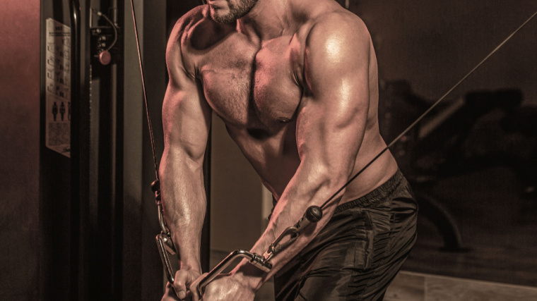 shirtless person in gym doing cable exercise